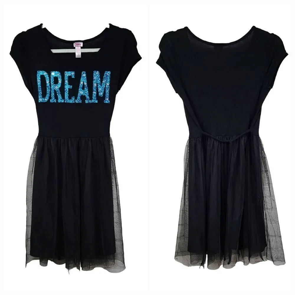 JUSTICE Girls 16 Black DREAM Bedazzled Sequin Jersey Tulle Dress Casual Girly